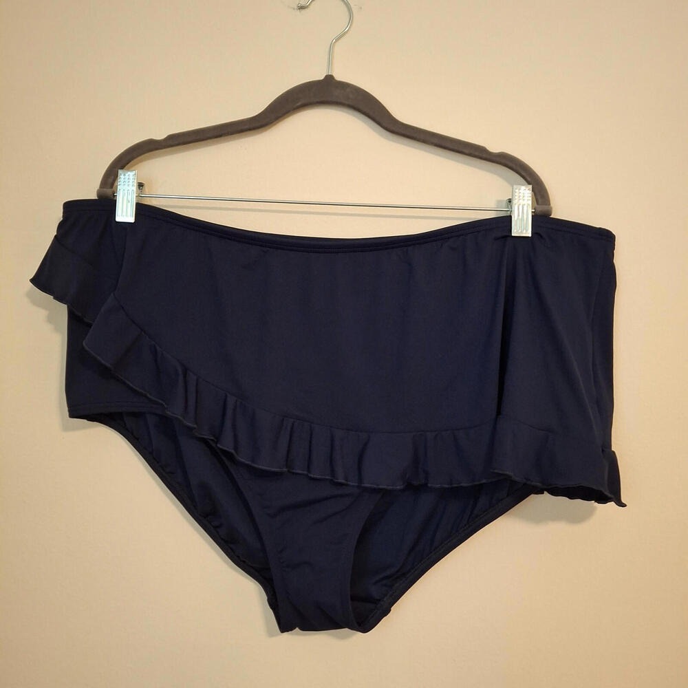 Lands' End Women's 22W Faux Wrap Ruffle Blue High Waisted Bikini Bottom UPF 50
